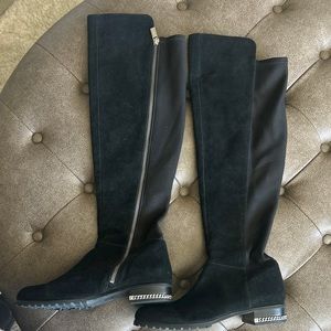 Michael Kors Black Suede Stretch Textile Inner Leather Knee Boots Size 9